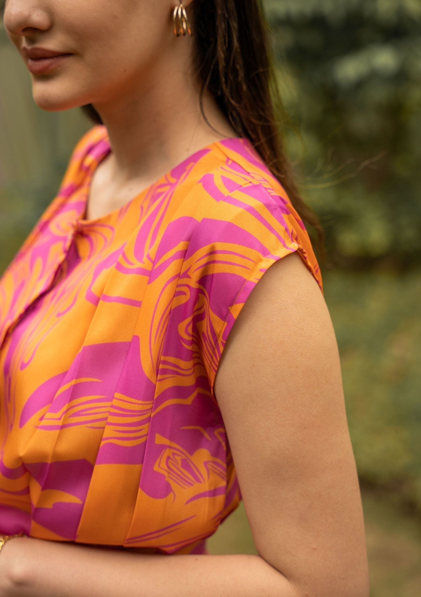 Poppy Pink And Orange Abstract Crepe Top With Belt - doeraa
