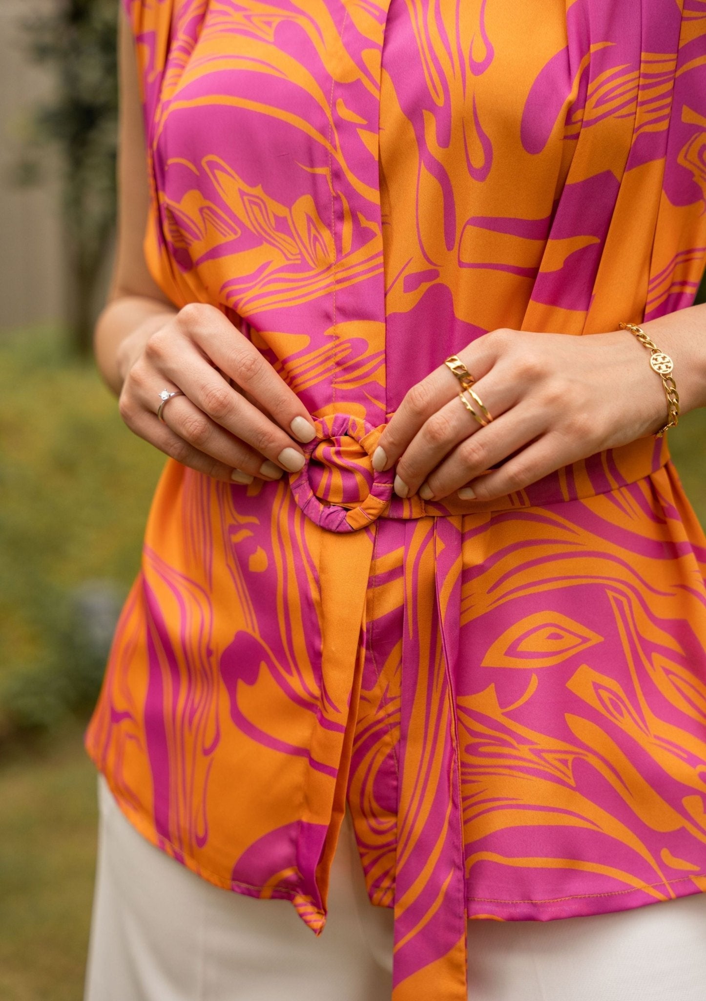 Poppy Pink And Orange Abstract Crepe Top With Belt - doeraa