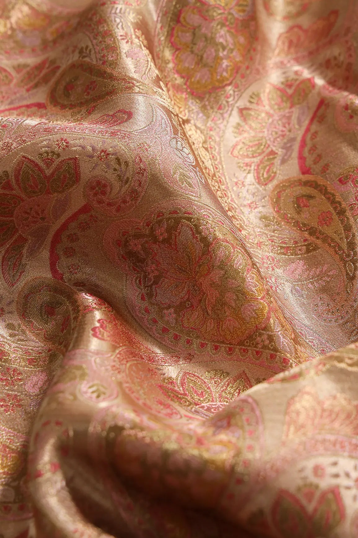 Positional Floral Print On Beige Viscose Dola Satin Silk Jacquard Fabric - doeraa