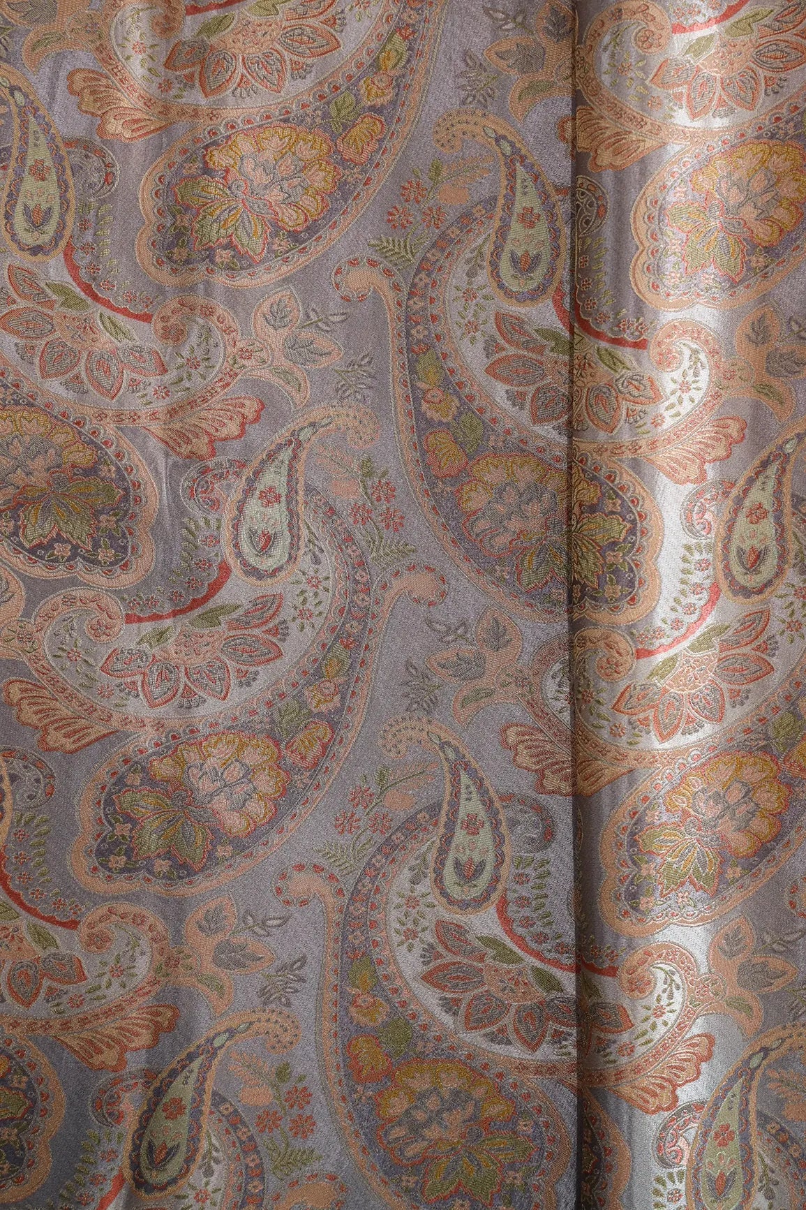 Positional Floral Print On Grey Viscose Dola Satin Silk Jacquard Fabric - doeraa