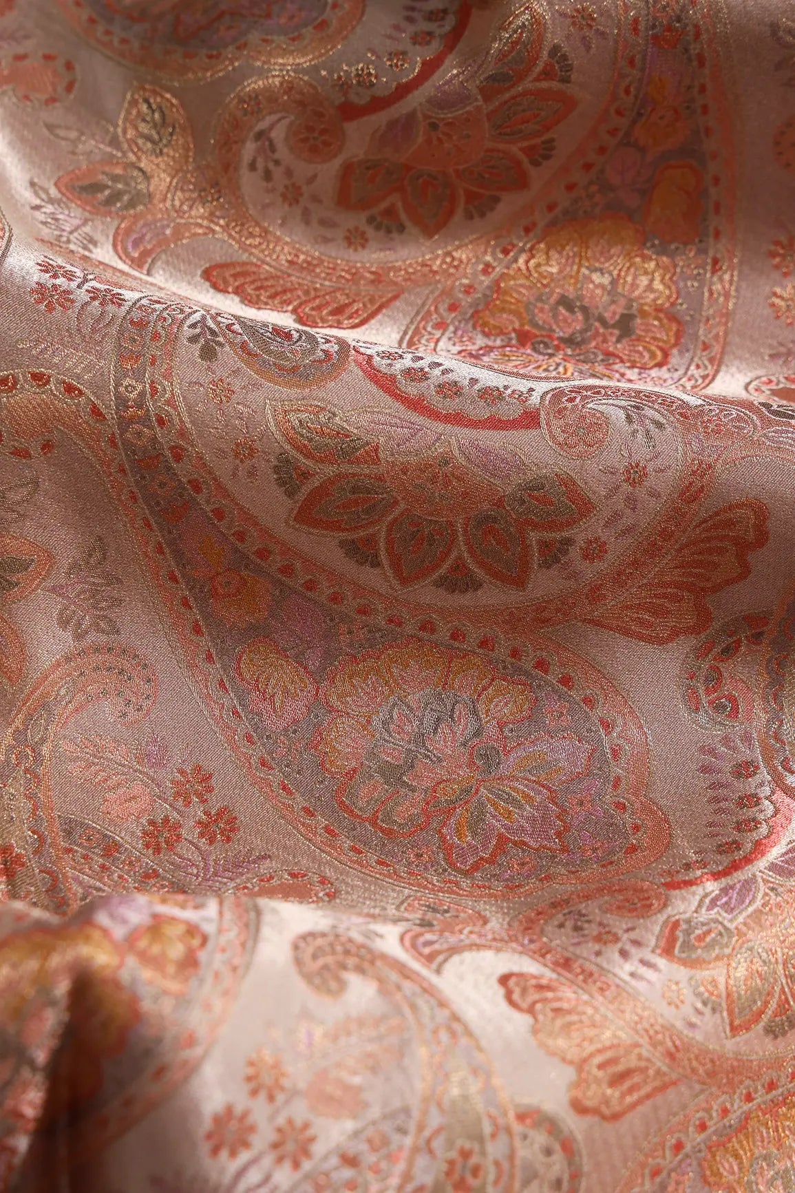 Positional Floral Print On Lilac Viscose Dola Satin Silk Jacquard Fabric - doeraa