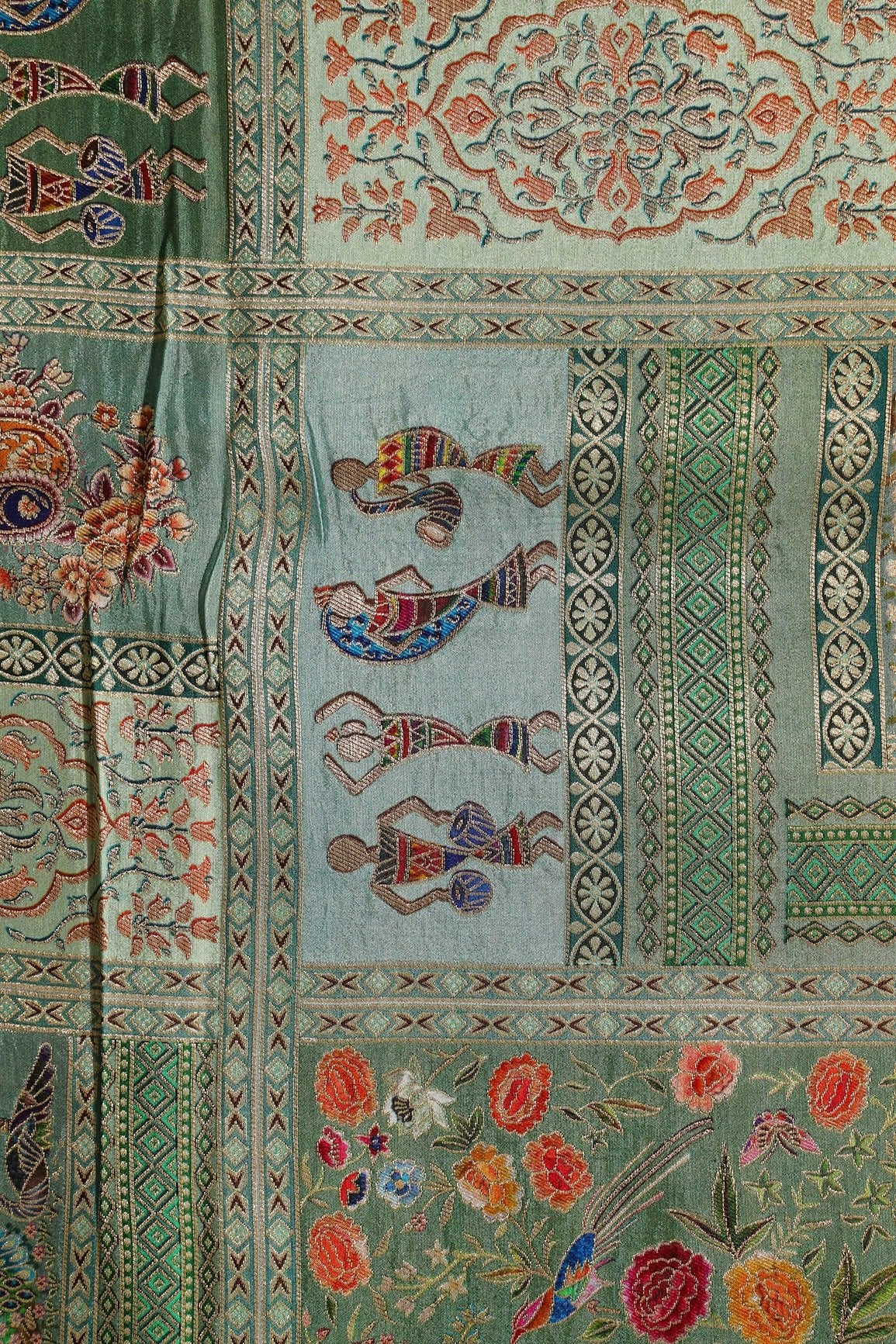 Positional Floral Print On Pastel Olive Viscose Dola Silk Jacquard Fabric - doeraa