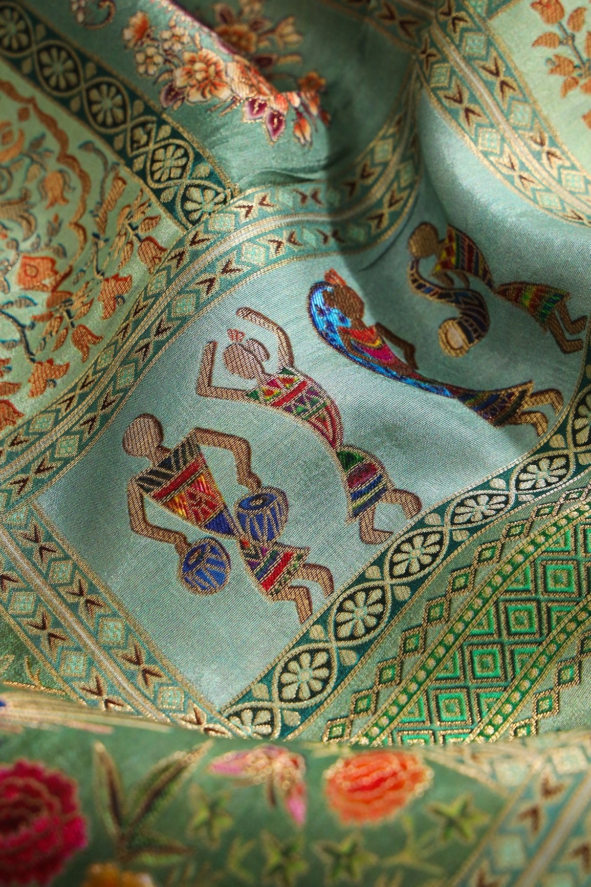 Positional Floral Print On Pastel Olive Viscose Dola Silk Jacquard Fabric - doeraa