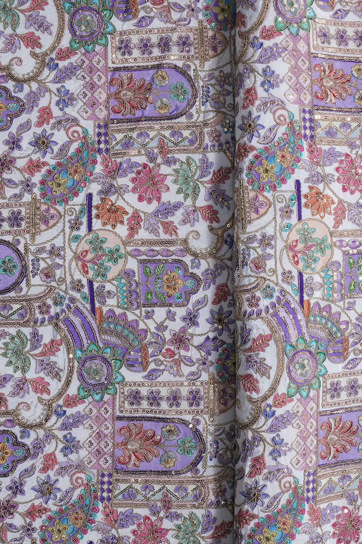 Positional Print with Zari And Sequins Floral Embroidery Work On White Pure Crepe Fabric - doeraa