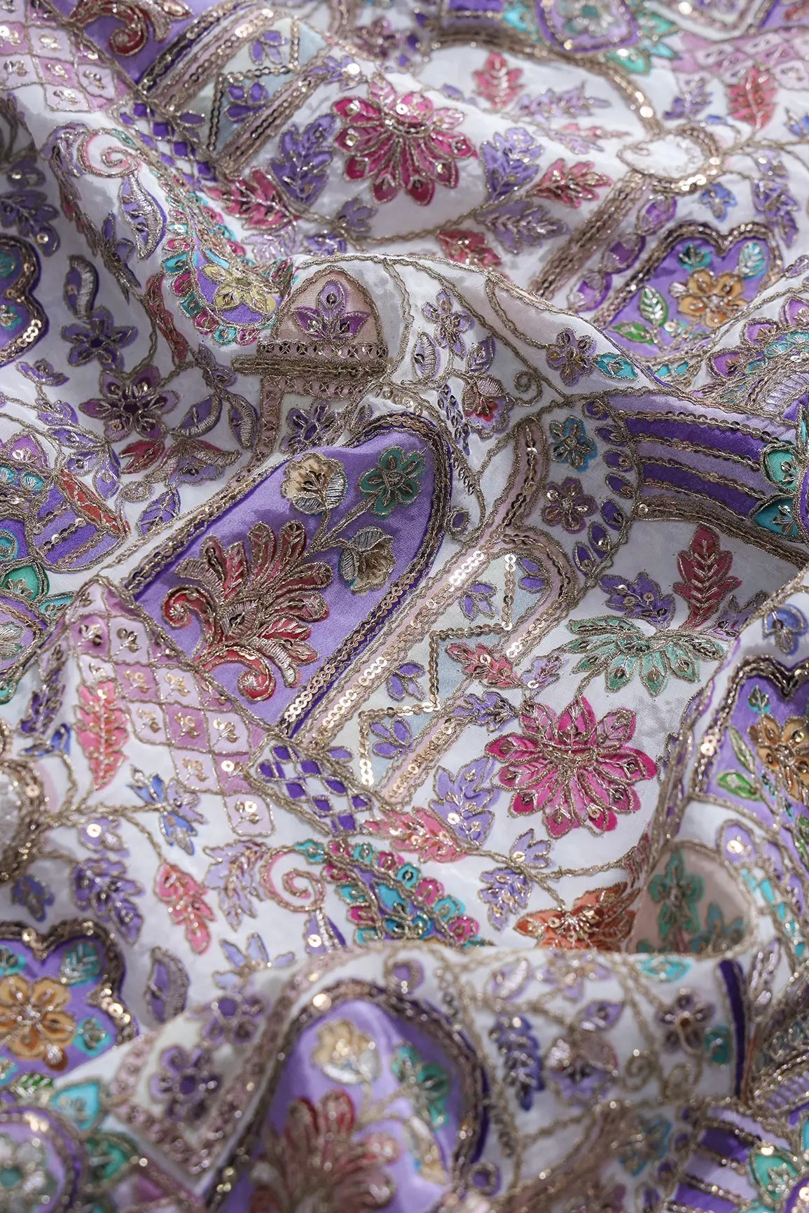 Positional Print with Zari And Sequins Floral Embroidery Work On White Pure Crepe Fabric - doeraa