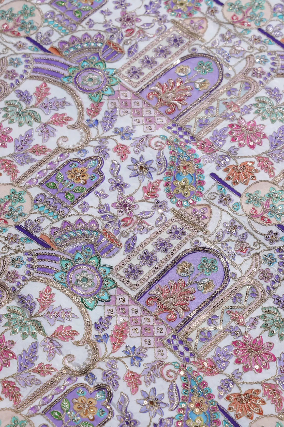 Positional Print with Zari And Sequins Floral Embroidery Work On White Pure Crepe Fabric - doeraa