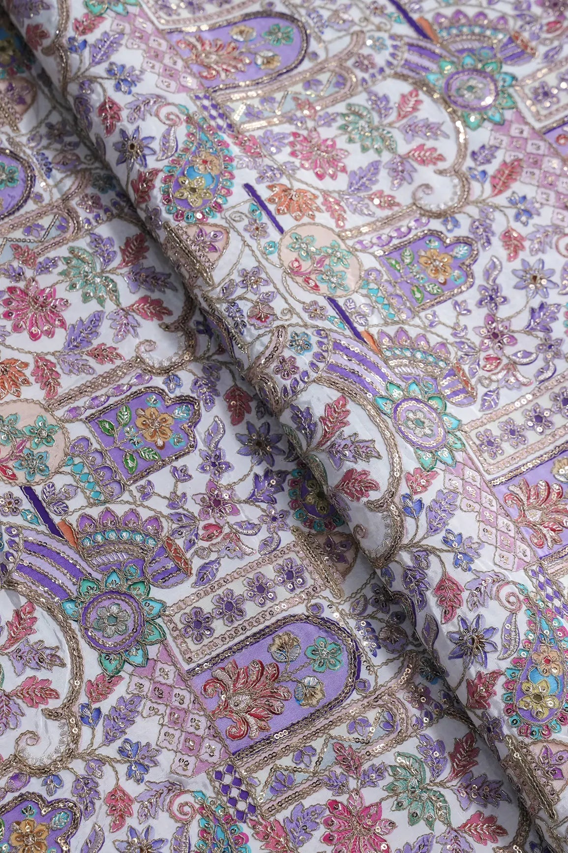 Positional Print with Zari And Sequins Floral Embroidery Work On White Pure Crepe Fabric - doeraa