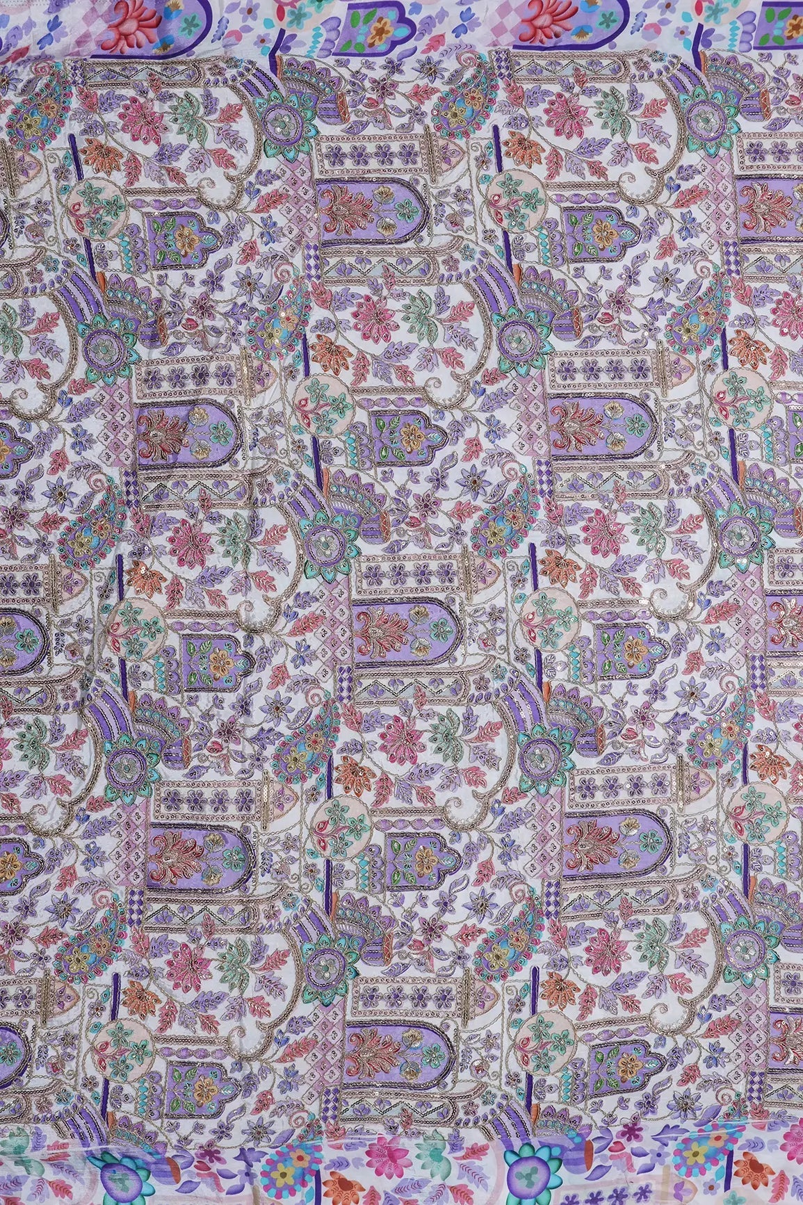 Positional Print with Zari And Sequins Floral Embroidery Work On White Pure Crepe Fabric - doeraa