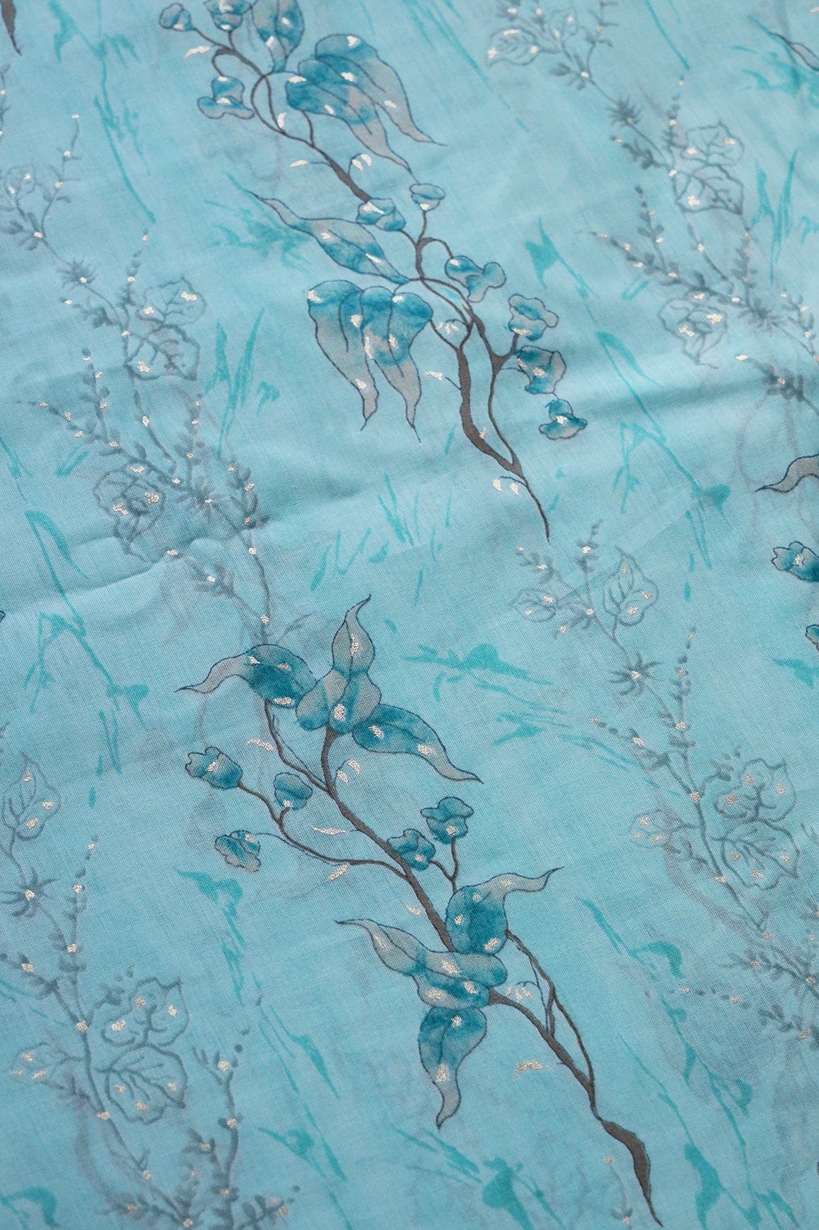 doeraa Prints Light Teal And Brown Foil Floral Print On Pure Mul Cotton Fabric