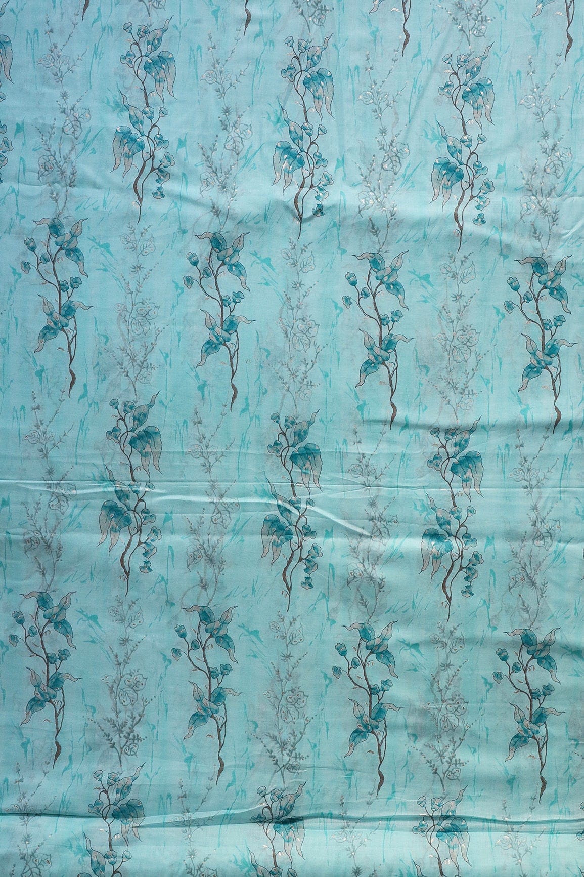 doeraa Prints Light Teal And Brown Foil Floral Print On Pure Mul Cotton Fabric