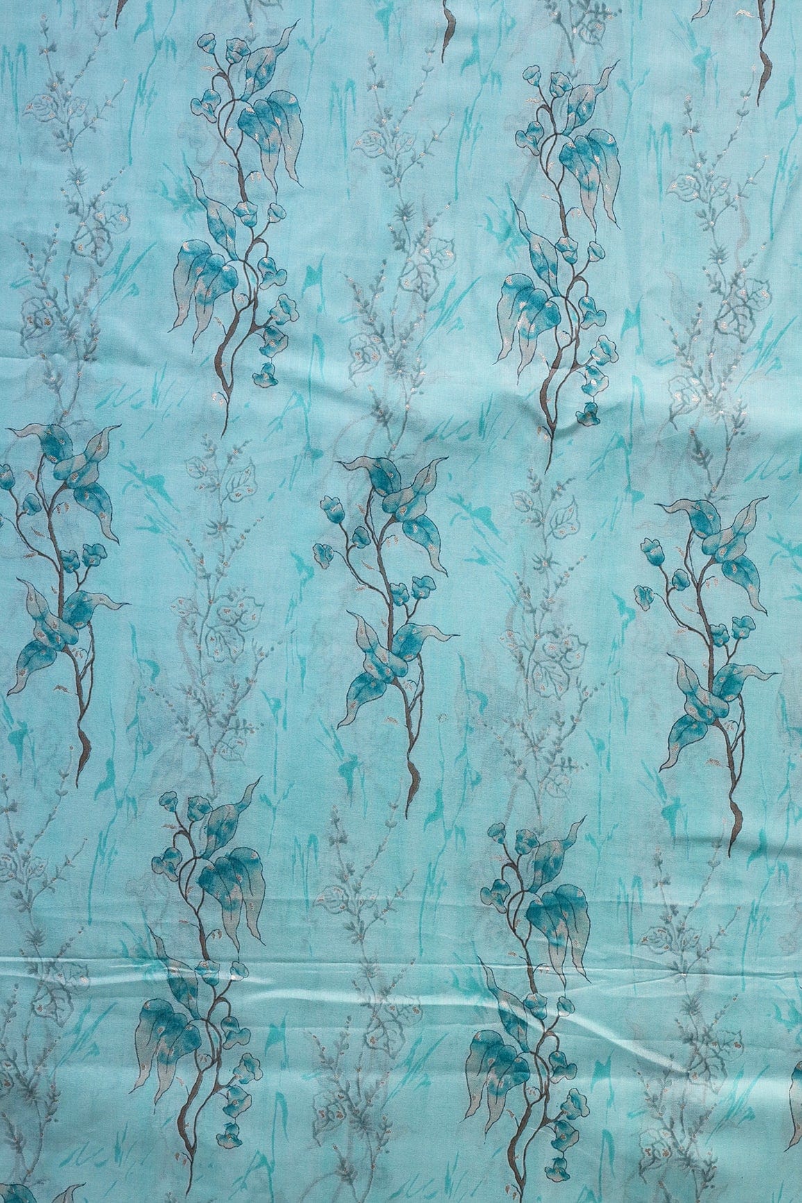 doeraa Prints Light Teal And Brown Foil Floral Print On Pure Mul Cotton Fabric
