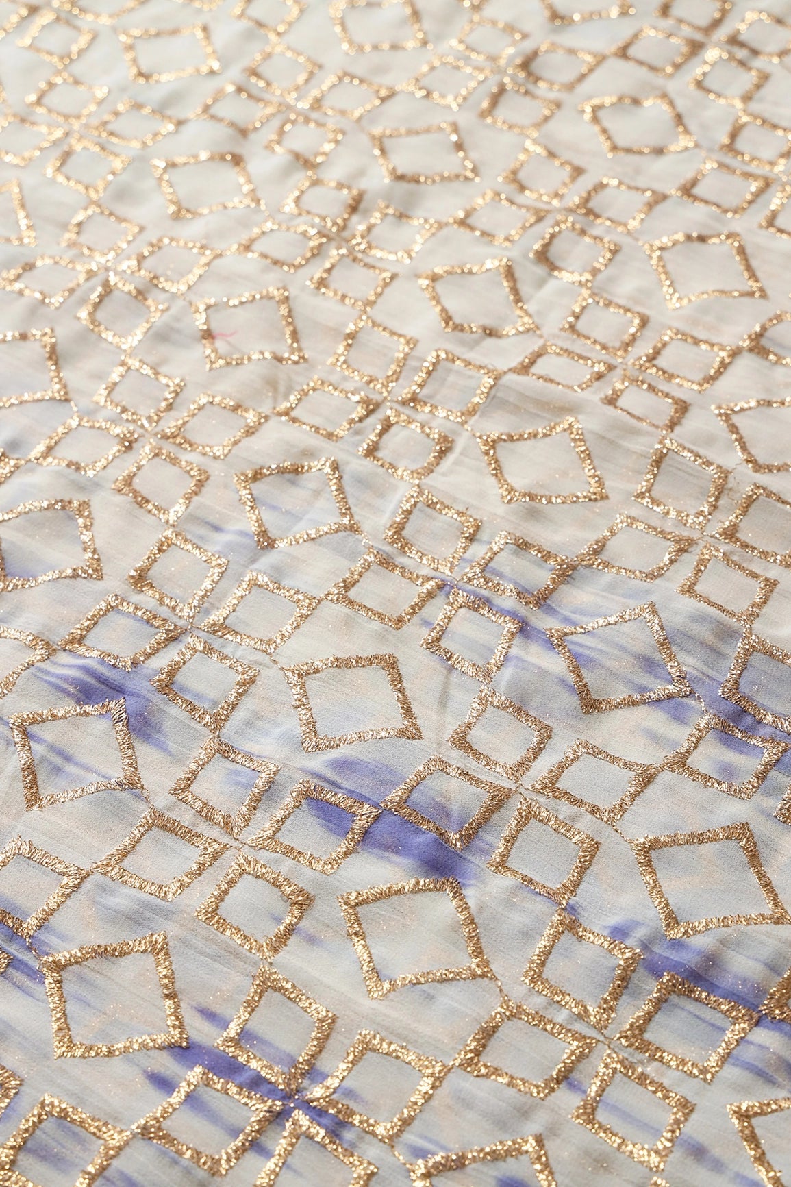 Purple And Cream Tie & Dye Gold Zari Geometric Embroidery Work Georgette Fabric - doeraa