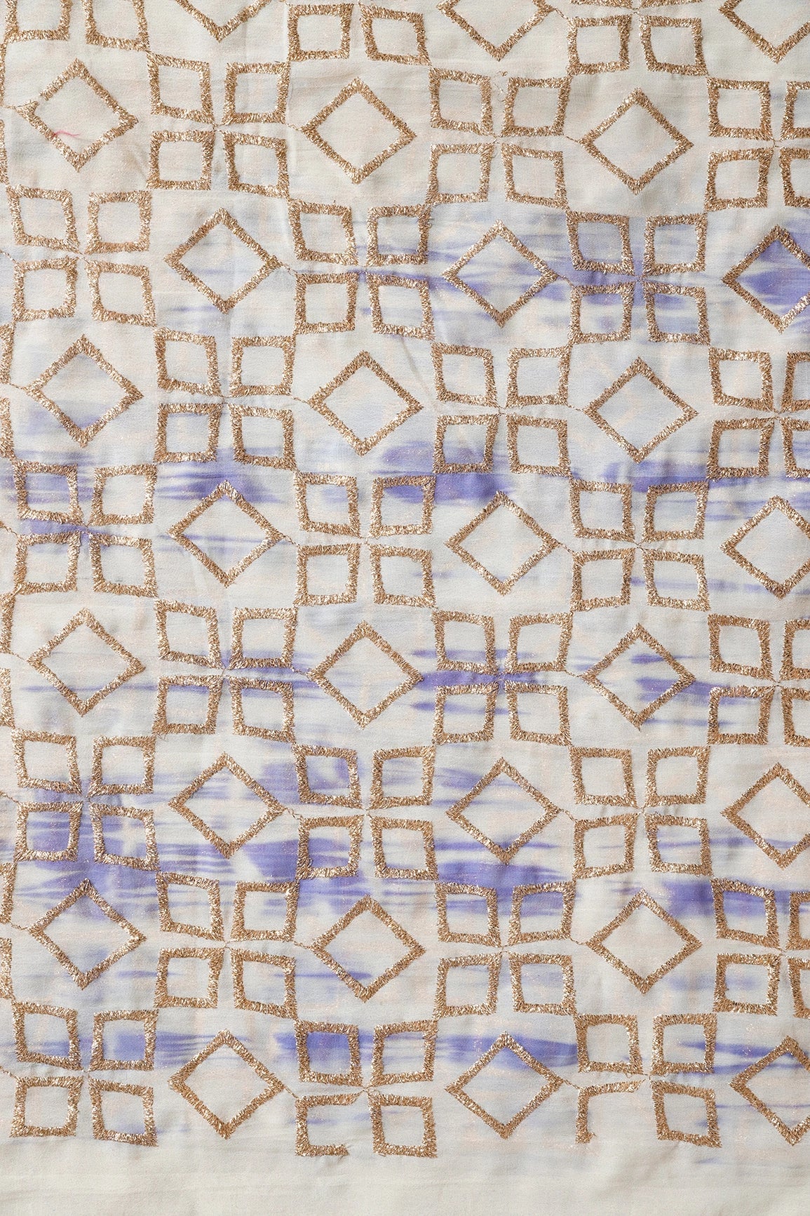 Purple And Cream Tie & Dye Gold Zari Geometric Embroidery Work Georgette Fabric - doeraa