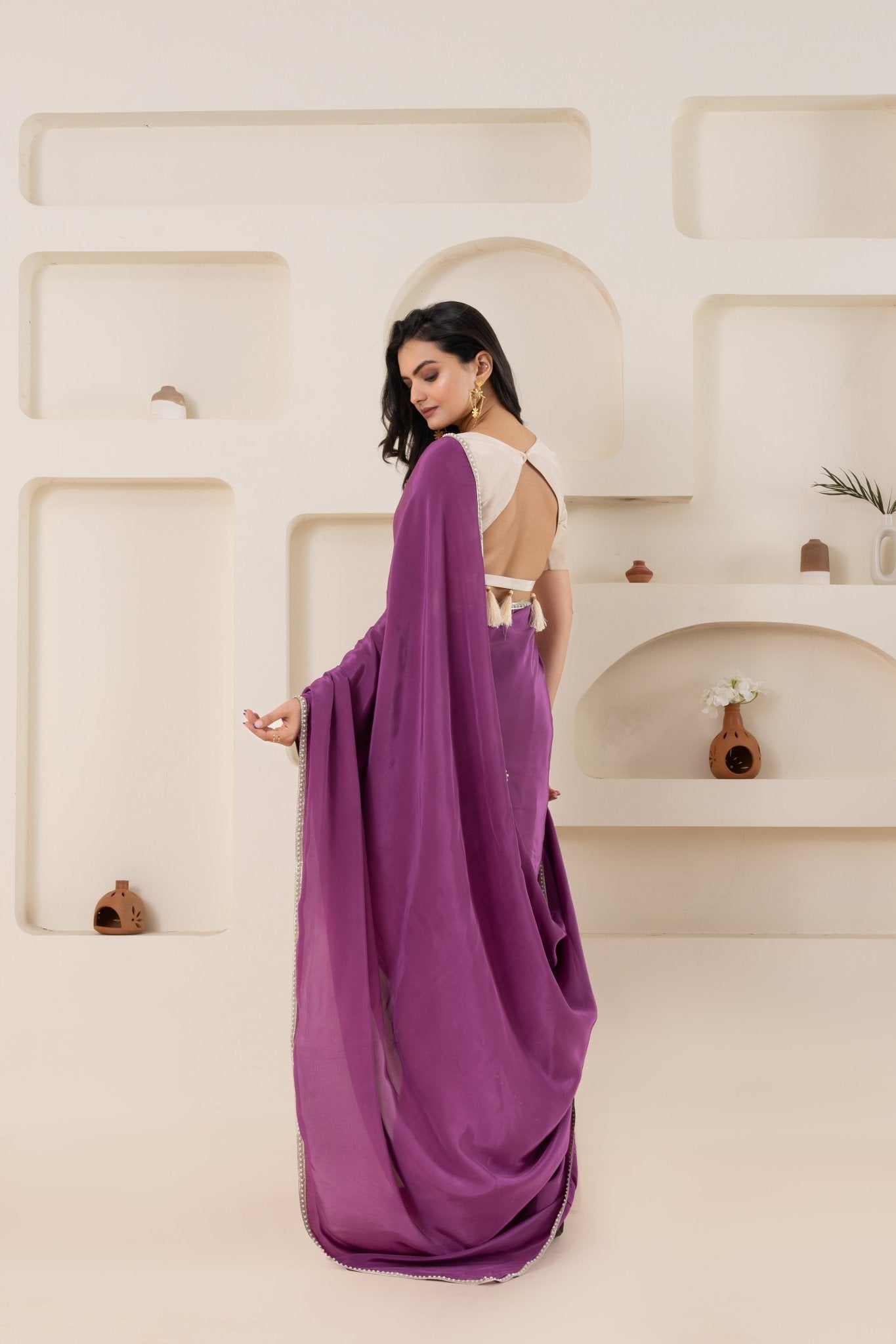 Purple And Off White Pure Viscose Crepe Saree Set With Border (Saree With Blouse Piece) - doeraa