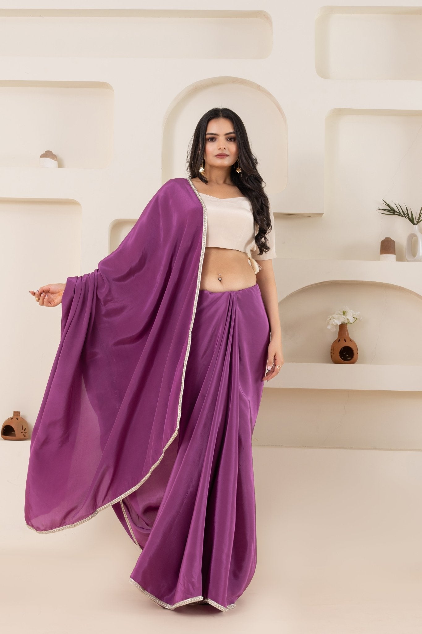 Purple And Off White Pure Viscose Crepe Saree Set With Border (Saree With Blouse Piece) - doeraa