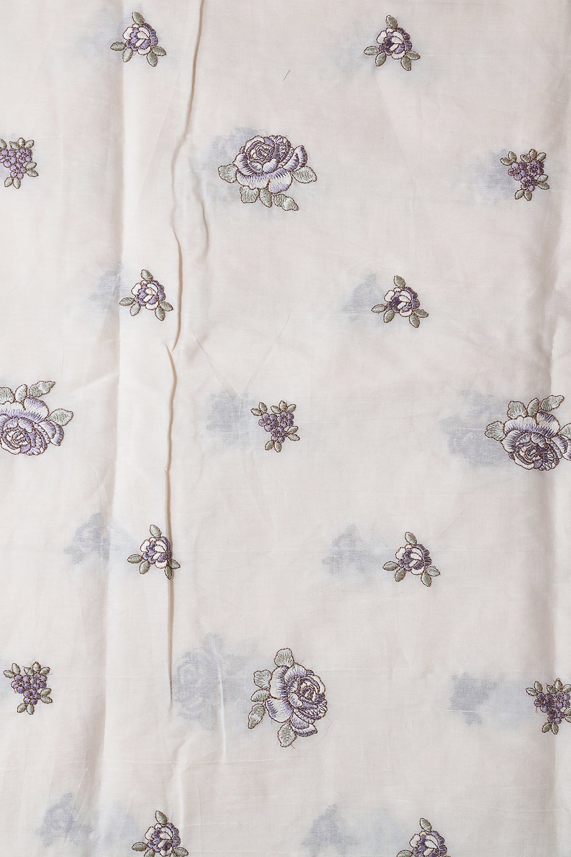 Purple And Olive Thread Floral Embroidery On Off White Organic Cotton Fabric - doeraa