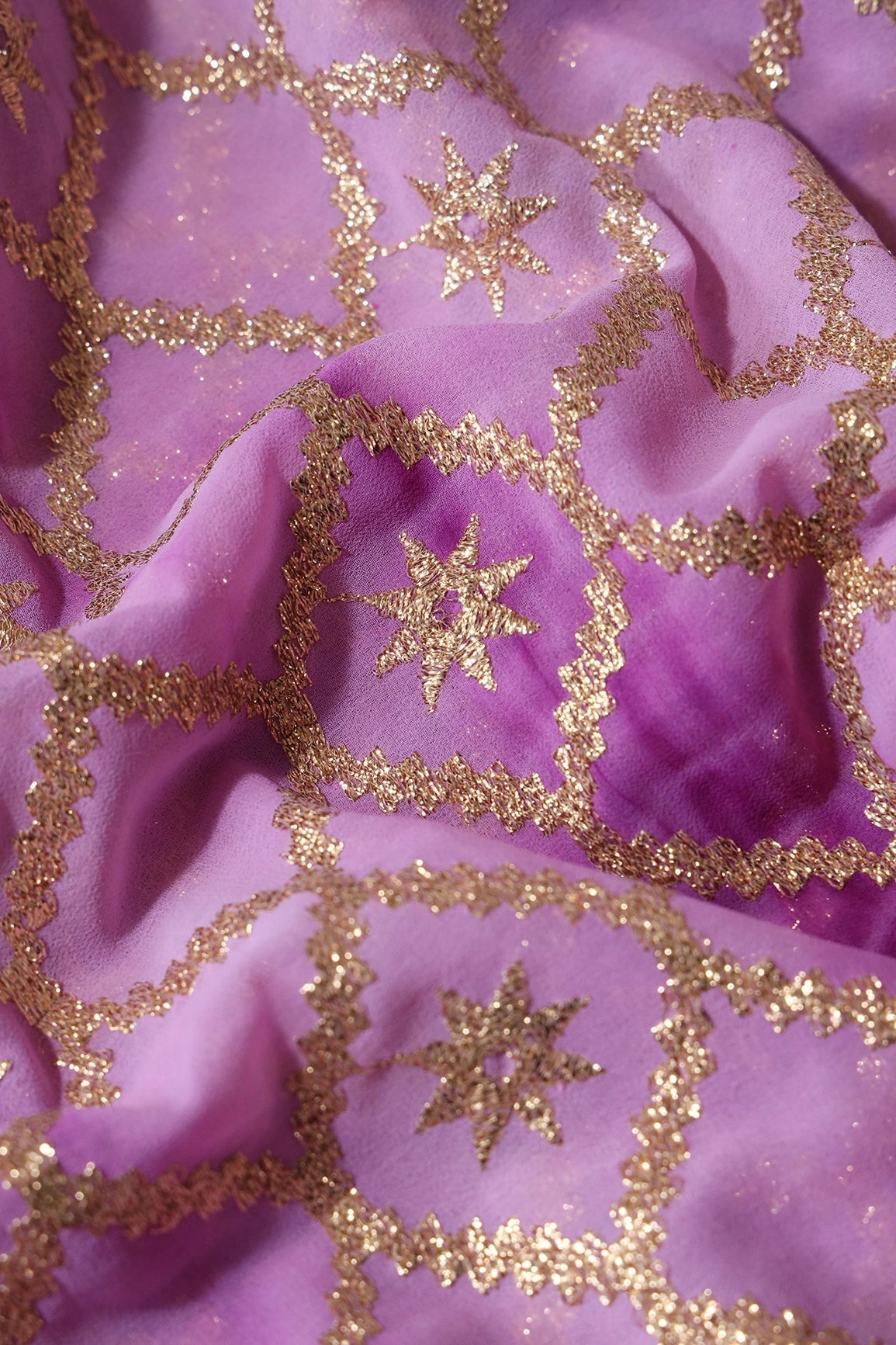 Purple And Pink Tie & Dye Gold Zari Ogee Embroidery Work Georgette Fabric - doeraa