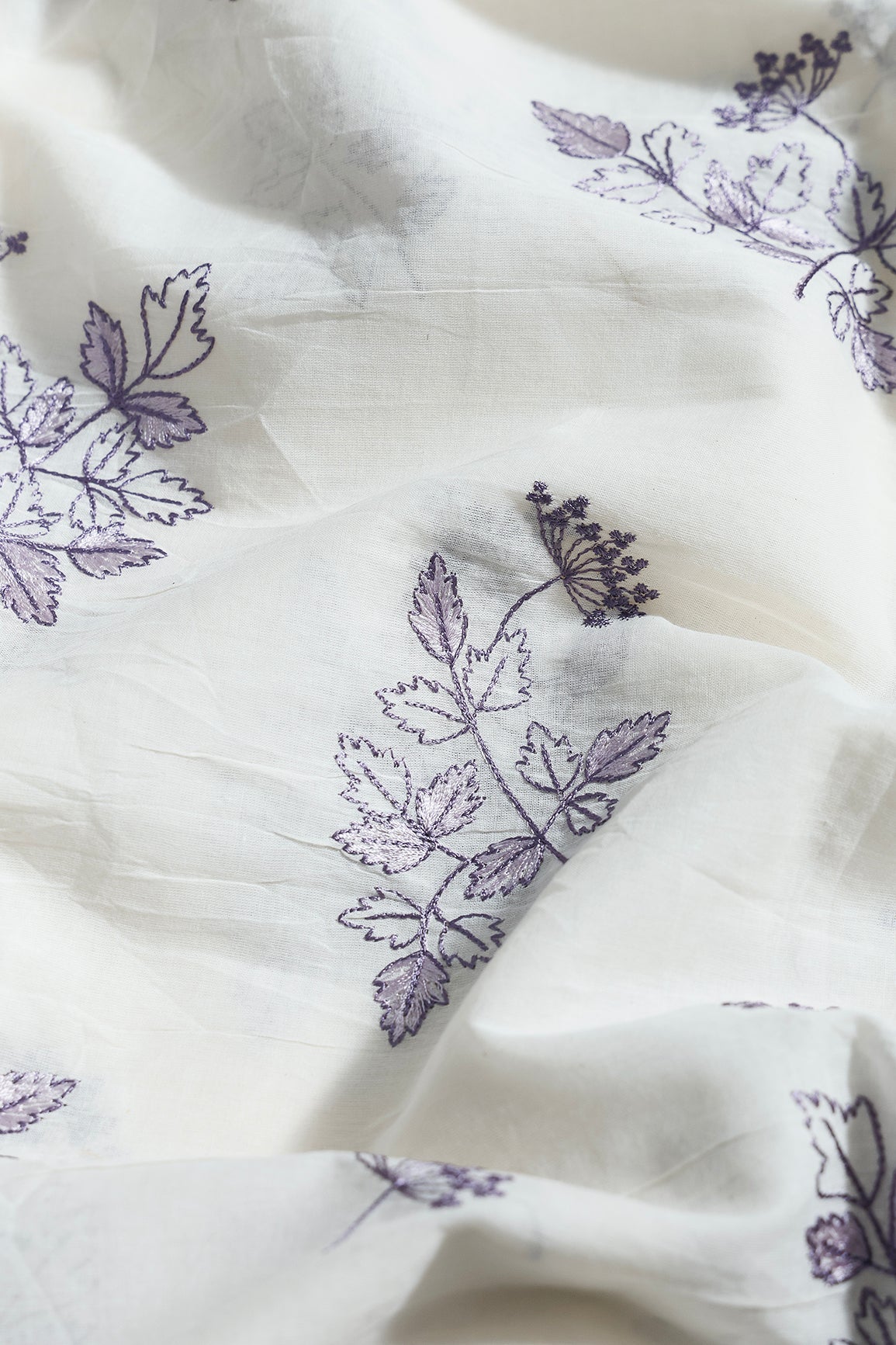 Purple Thread Beautiful Leafy Embroidery Work On Off White Organic Cotton Fabric - doeraa