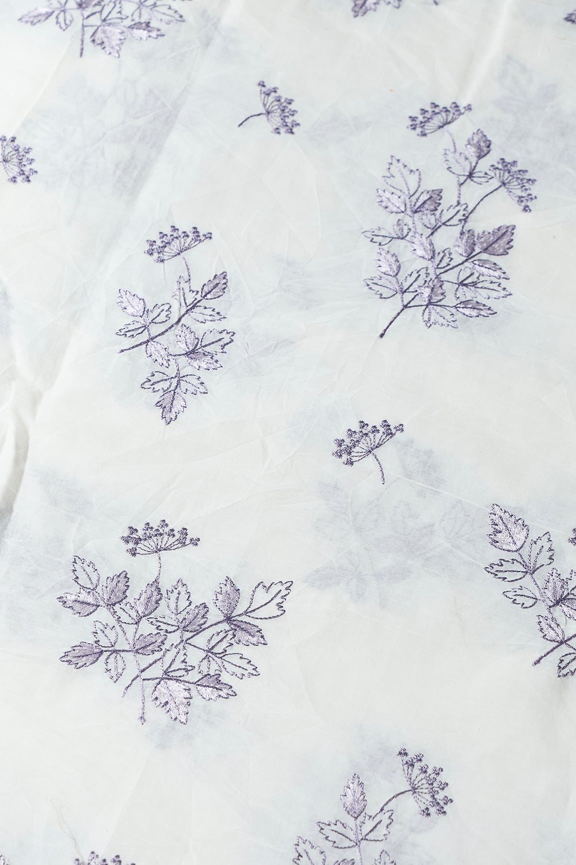 Purple Thread Beautiful Leafy Embroidery Work On Off White Organic Cotton Fabric - doeraa