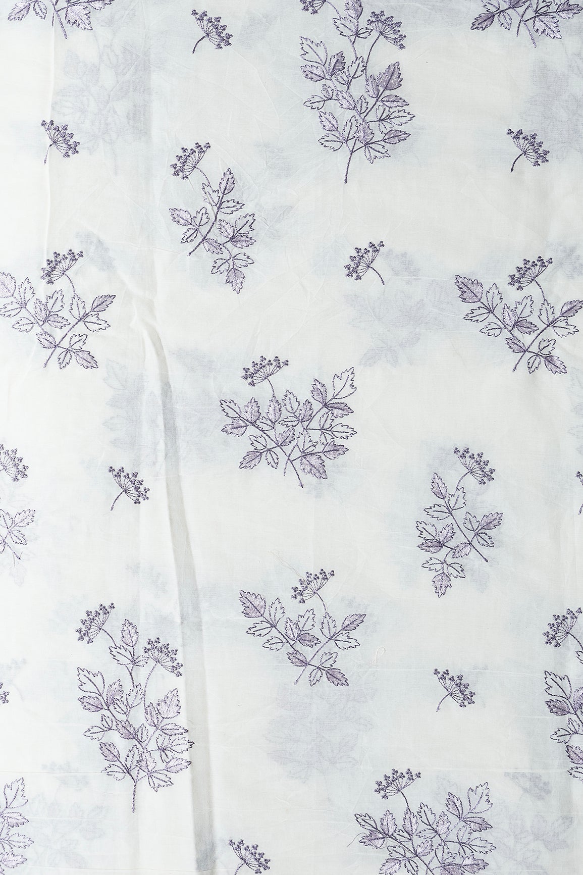 Purple Thread Beautiful Leafy Embroidery Work On Off White Organic Cotton Fabric - doeraa