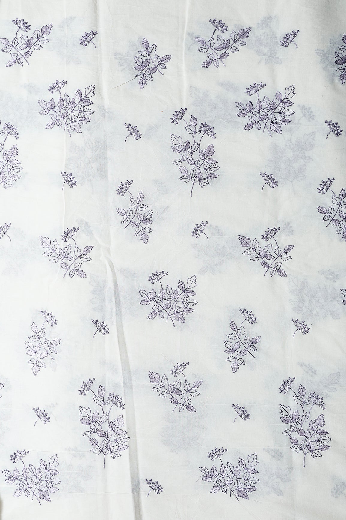 Purple Thread Beautiful Leafy Embroidery Work On Off White Organic Cotton Fabric - doeraa
