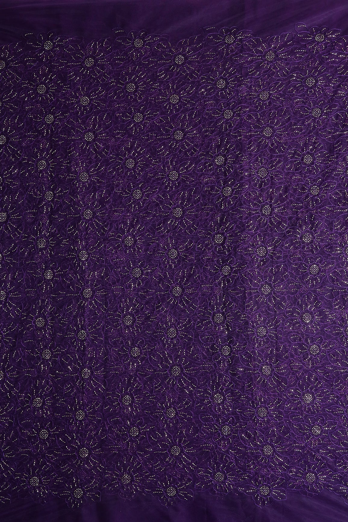 Purple Thread With Beads Floral Embroidery Work On Purple Soft Net Fabric - doeraa