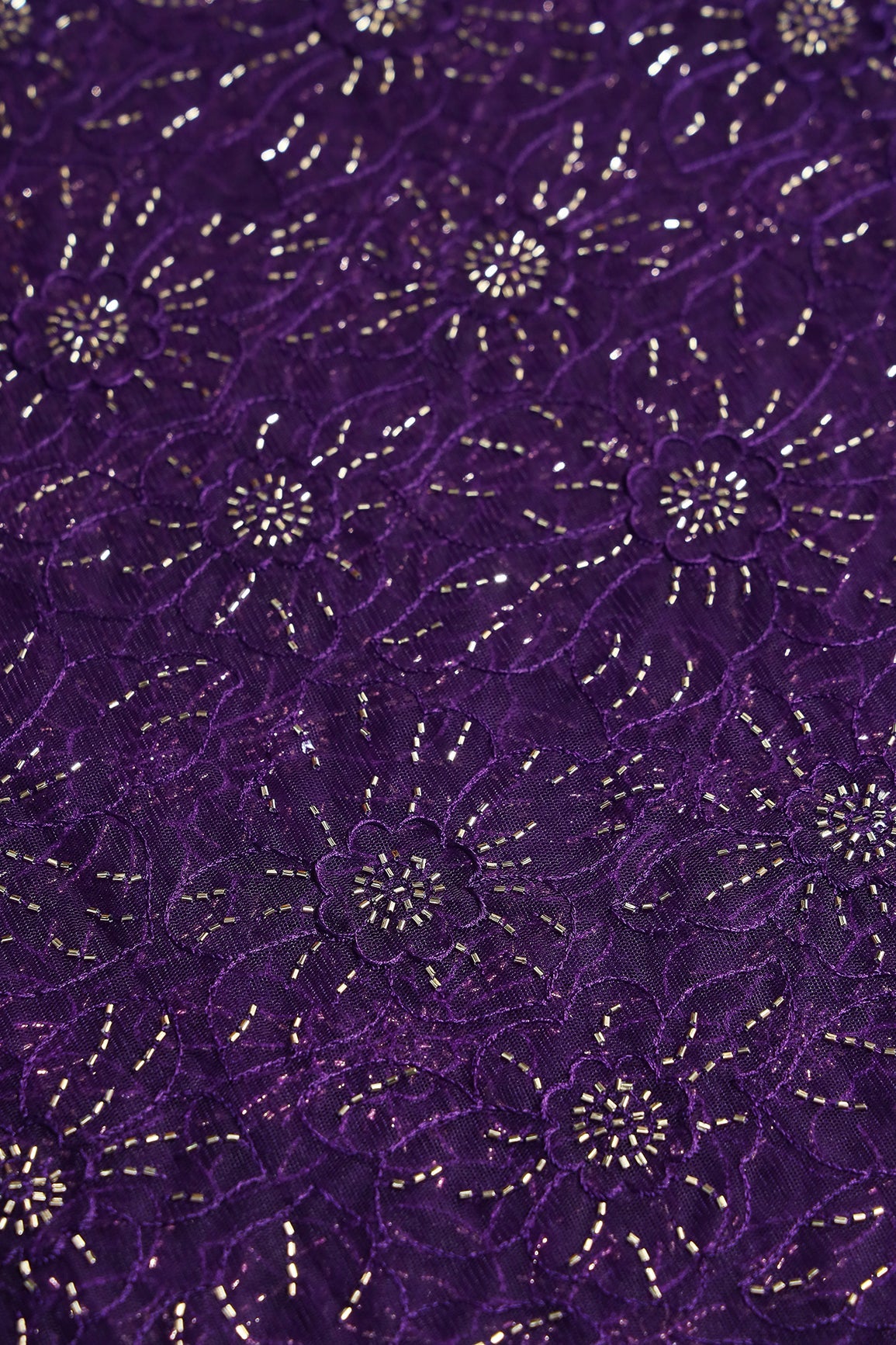 Purple Thread With Beads Floral Embroidery Work On Purple Soft Net Fabric - doeraa