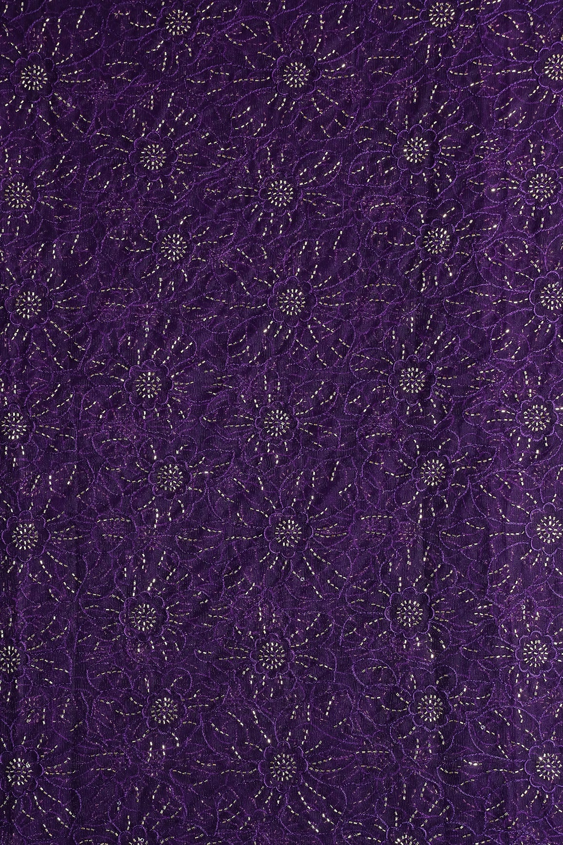 Purple Thread With Beads Floral Embroidery Work On Purple Soft Net Fabric - doeraa