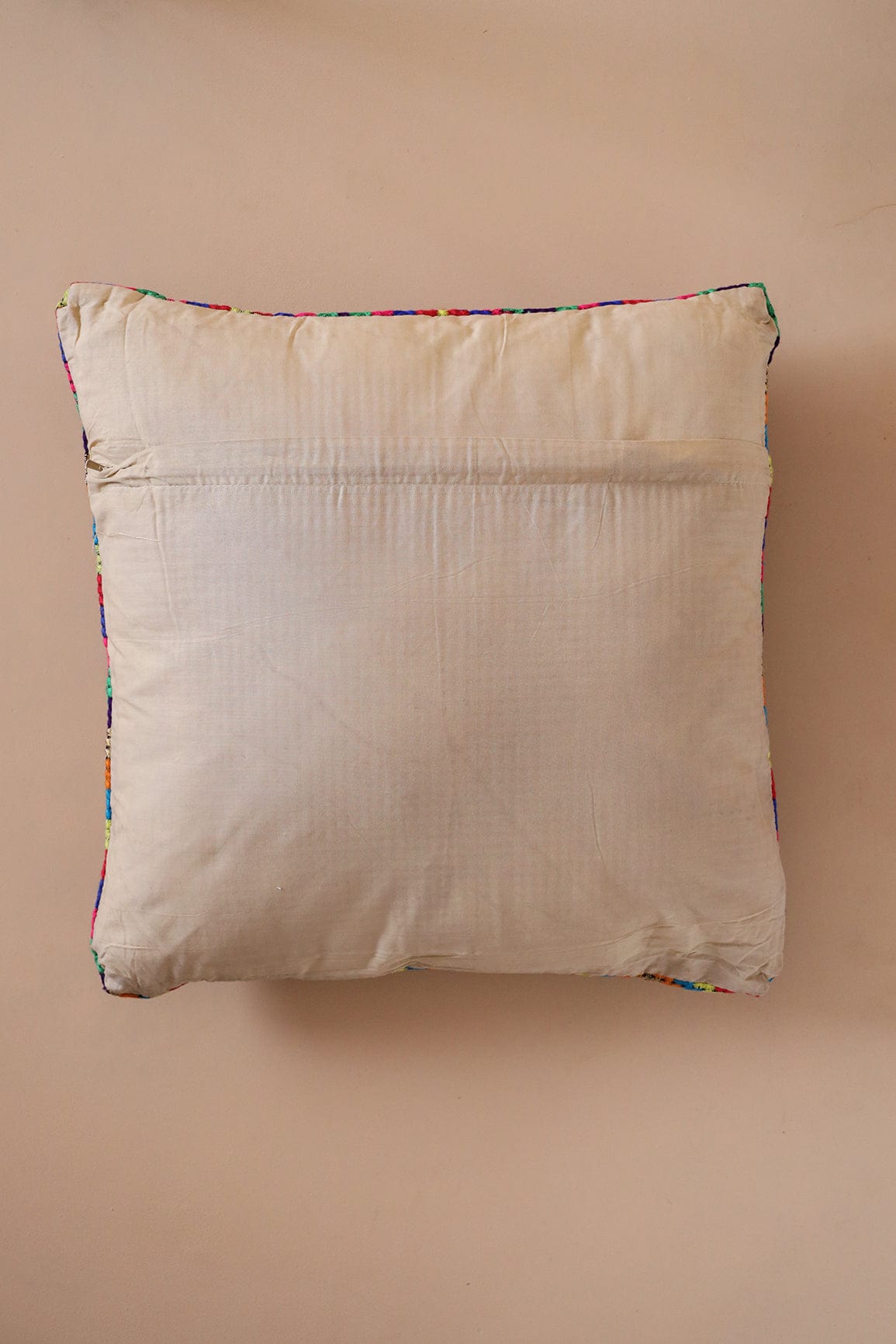 Rainbow colours Zig-Zag Embroidery on off white cotton Cushion Cover (16*16 inches) - doeraa