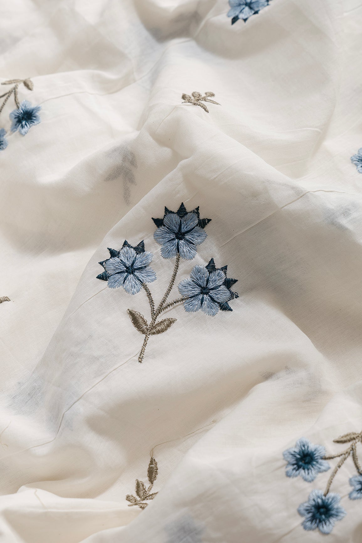 Rama And Sky Blue Thread Beautiful Floral Embroidery Work On Off White Organic Cotton Fabric - doeraa