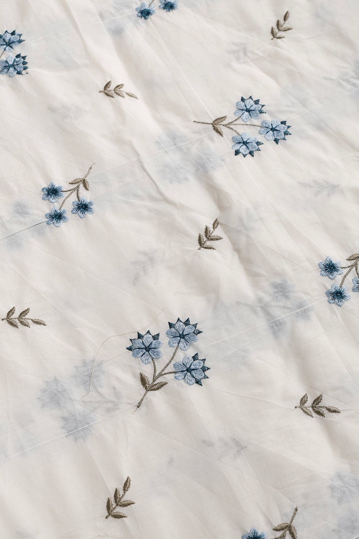 Rama And Sky Blue Thread Beautiful Floral Embroidery Work On Off White Organic Cotton Fabric - doeraa