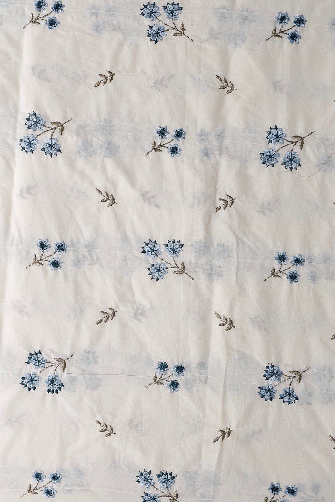 Rama And Sky Blue Thread Beautiful Floral Embroidery Work On Off White Organic Cotton Fabric - doeraa