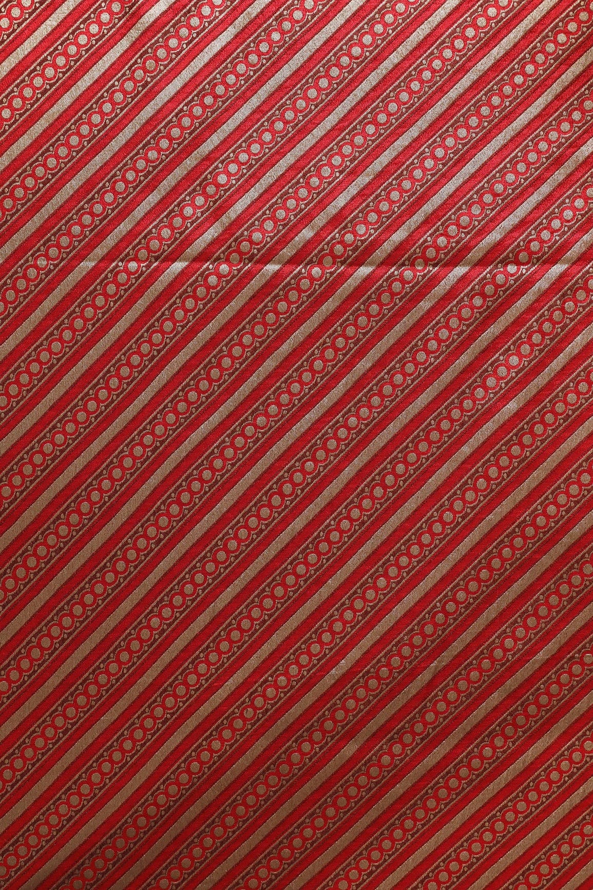 Red And Beige Stripes Silk Satin Jute Banarasi Jacquard Fabric - doeraa
