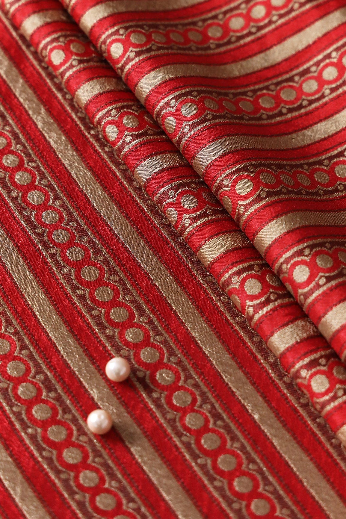 Red And Beige Stripes Silk Satin Jute Banarasi Jacquard Fabric - doeraa