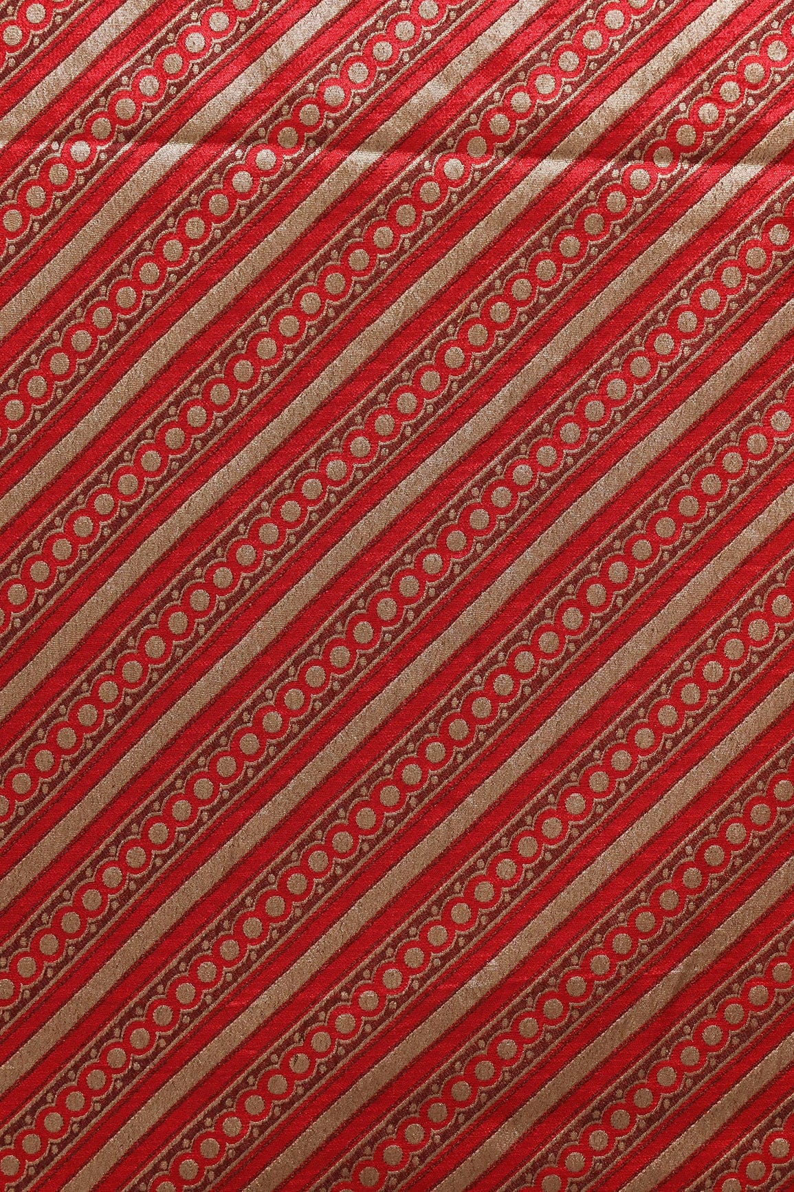 Red And Beige Stripes Silk Satin Jute Banarasi Jacquard Fabric - doeraa