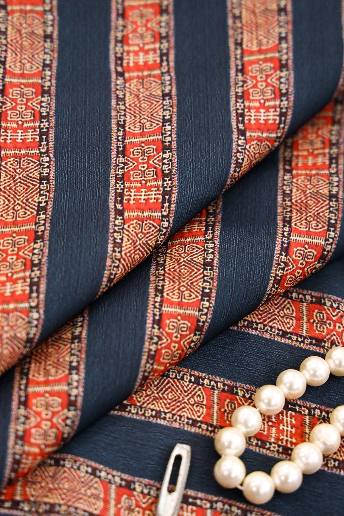 Red and Blue Geometric Digital Print on Satin Fabric - doeraa