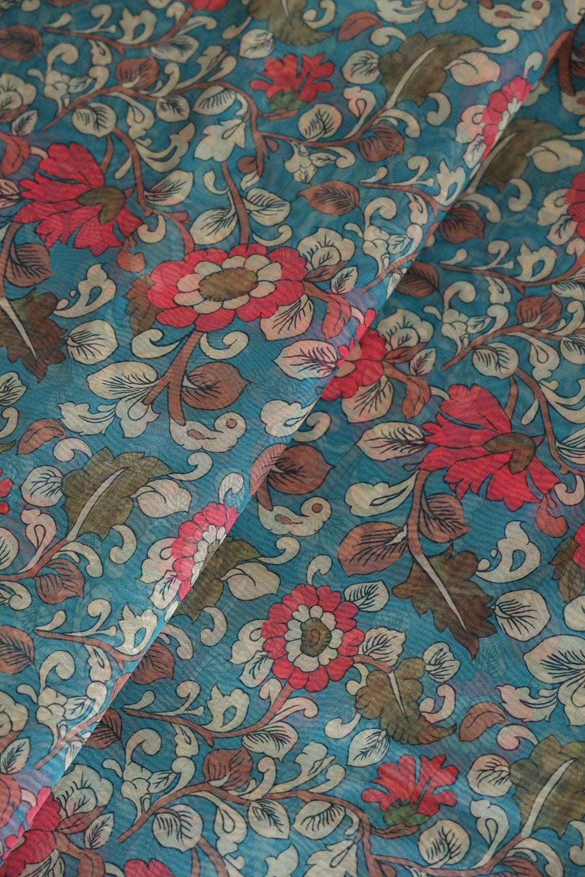 Red And Cream Floral Digital Print On Rama Organza Fabric - doeraa