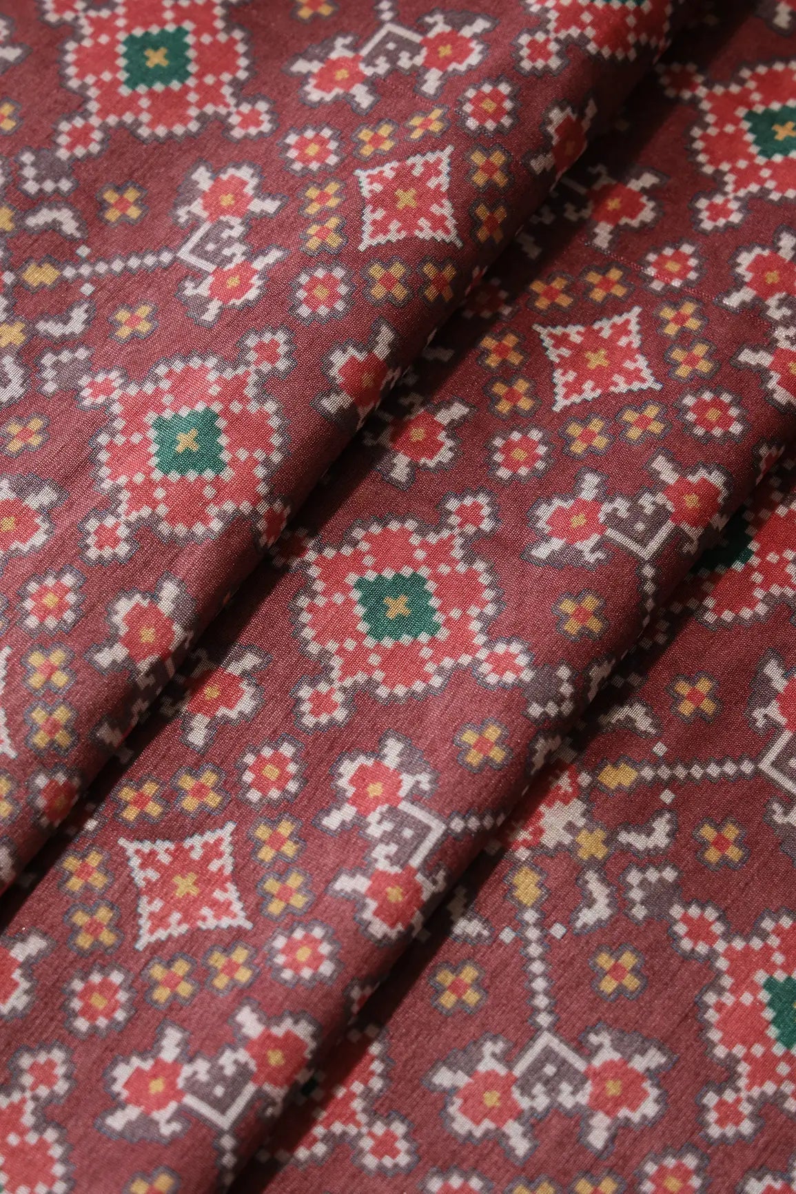 Red And Dark Maroon Patola Pattern Digital Print On Mulberry Silk Fabric - doeraa
