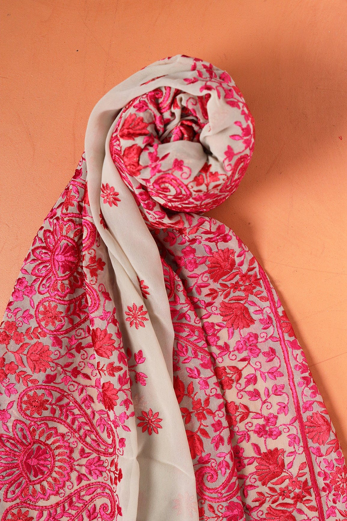 Red And Fuchsia Floral Heavy Embroidery Work On Light Grey Georgette Dupatta With Border - doeraa