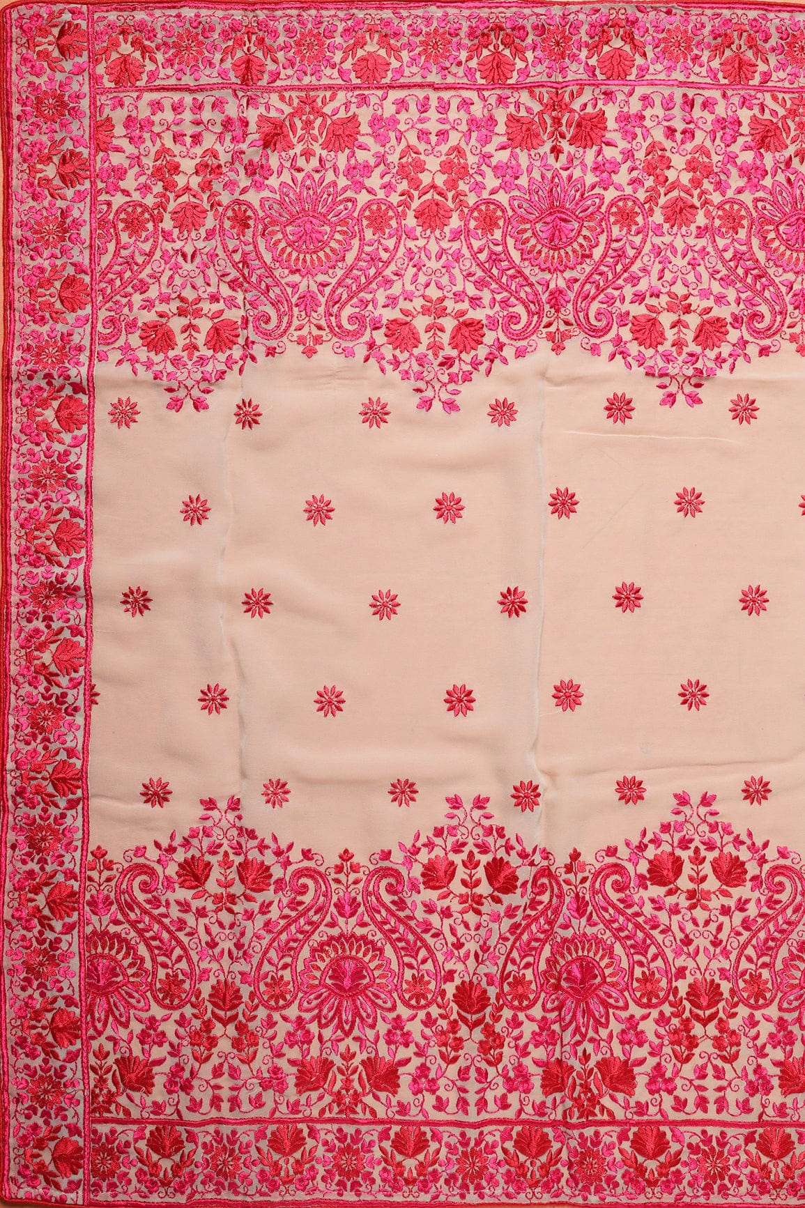 Red And Fuchsia Floral Heavy Embroidery Work On Light Grey Georgette Dupatta With Border - doeraa
