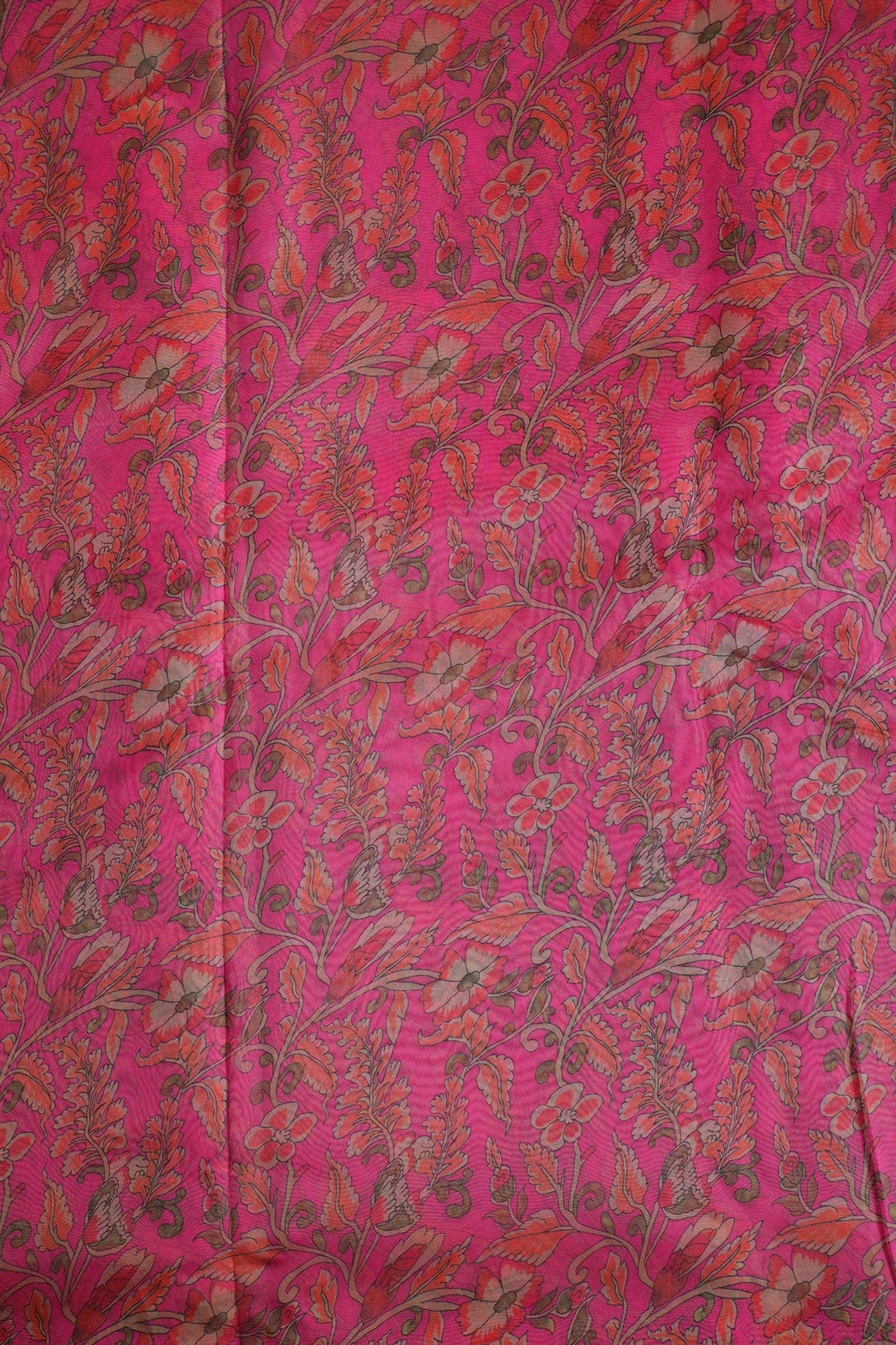 Red And Green Floral Digital Print On Dark Pink Organza Fabric - doeraa