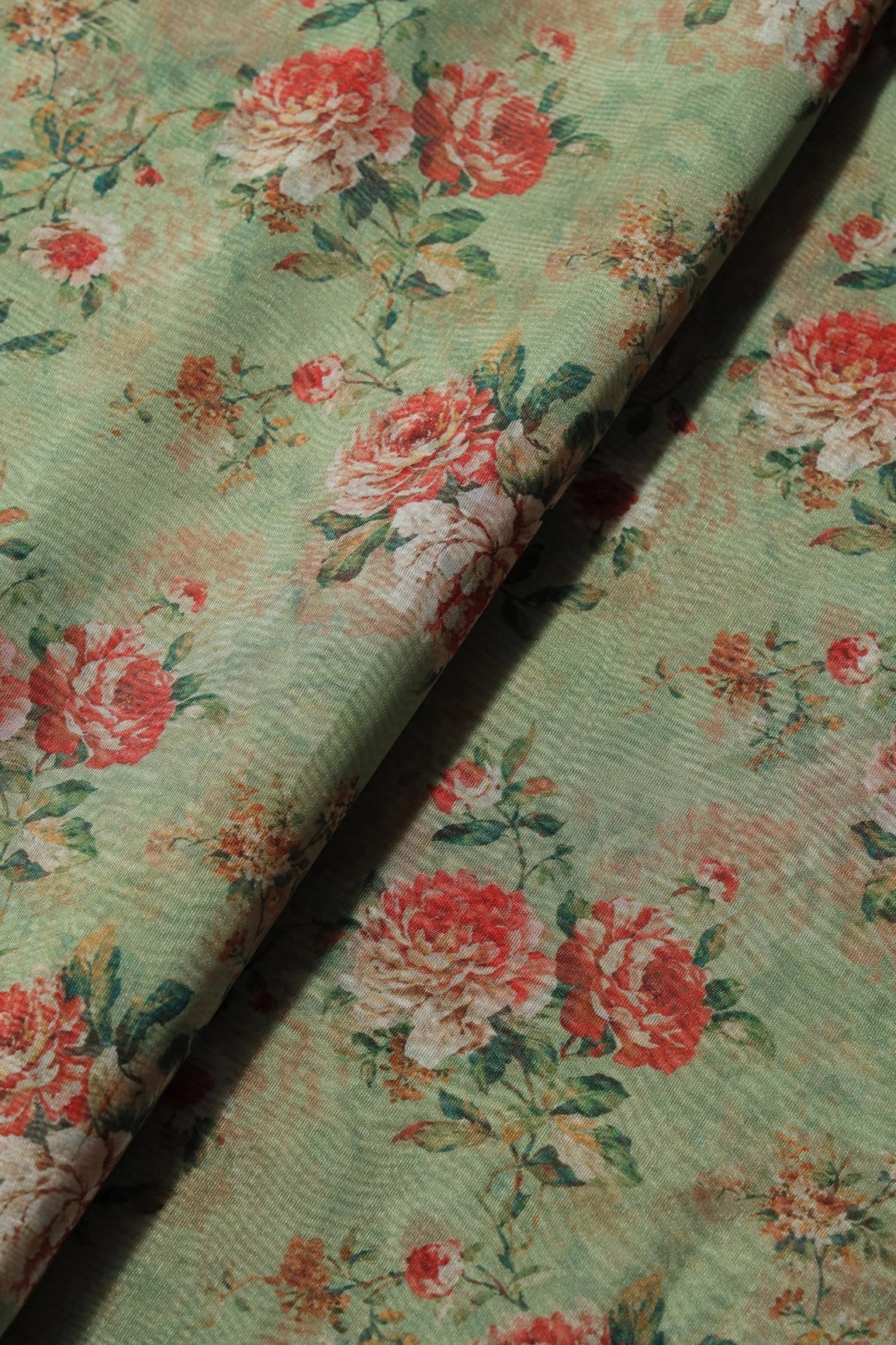 Red And Green Floral Pattern Digital Print On Olive Organza Fabric - doeraa