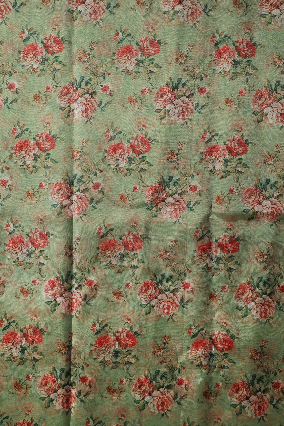 Red And Green Floral Pattern Digital Print On Olive Organza Fabric - doeraa