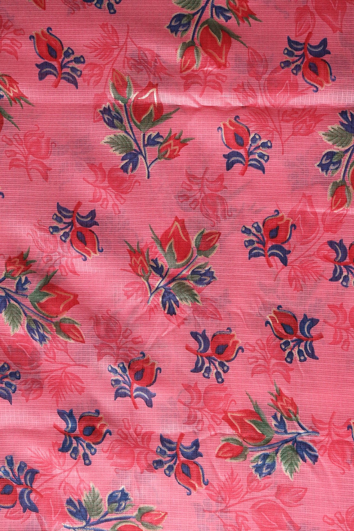 Red And Green Floral Pattern Foil Print On Gajri Pink Kota Doria Fabric - doeraa