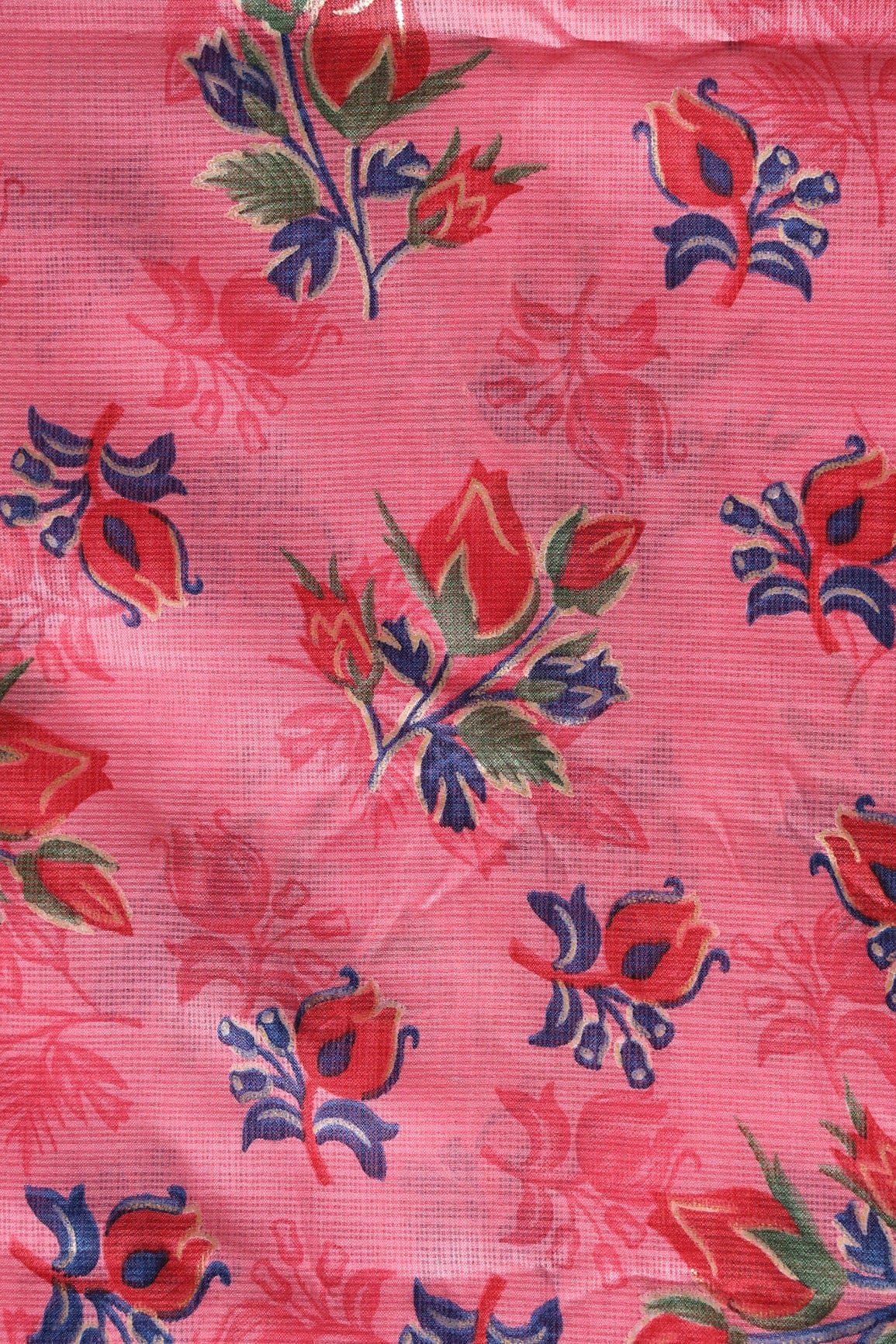 Red And Green Floral Pattern Foil Print On Gajri Pink Kota Doria Fabric - doeraa
