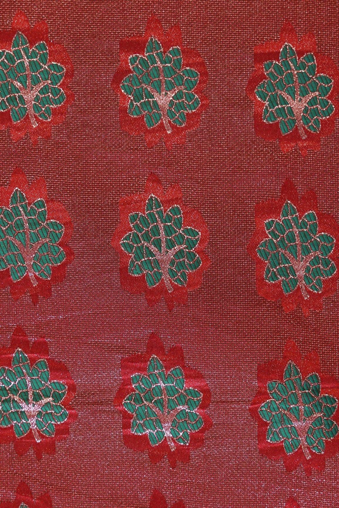 Red And Green Leafy Jute Banarasi Zari Jacquard Fabric - doeraa
