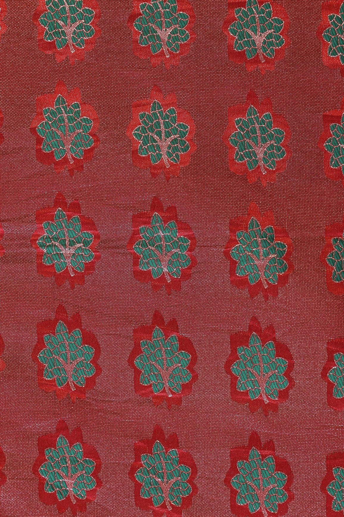 Red And Green Leafy Jute Banarasi Zari Jacquard Fabric - doeraa