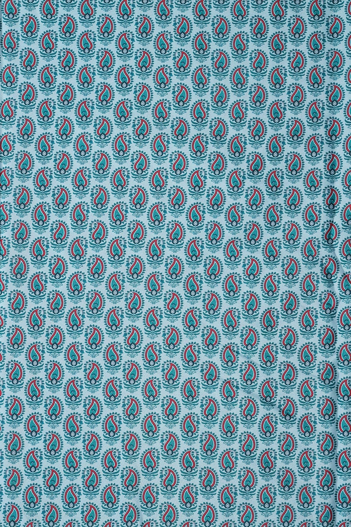Red And Green Paisley Pattern Digital Print On Light Blue French Crepe Fabric - doeraa