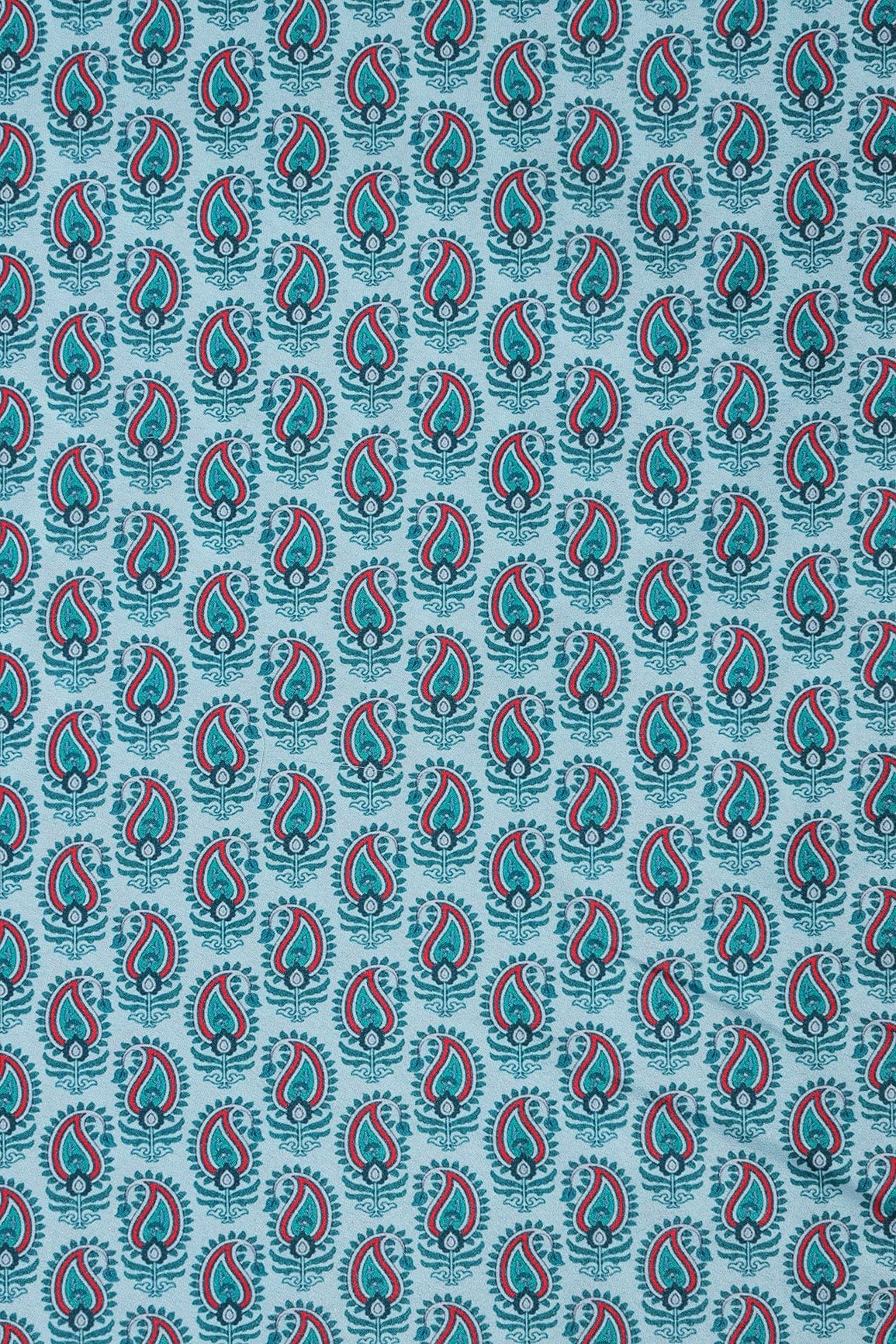 Red And Green Paisley Pattern Digital Print On Light Blue French Crepe Fabric - doeraa