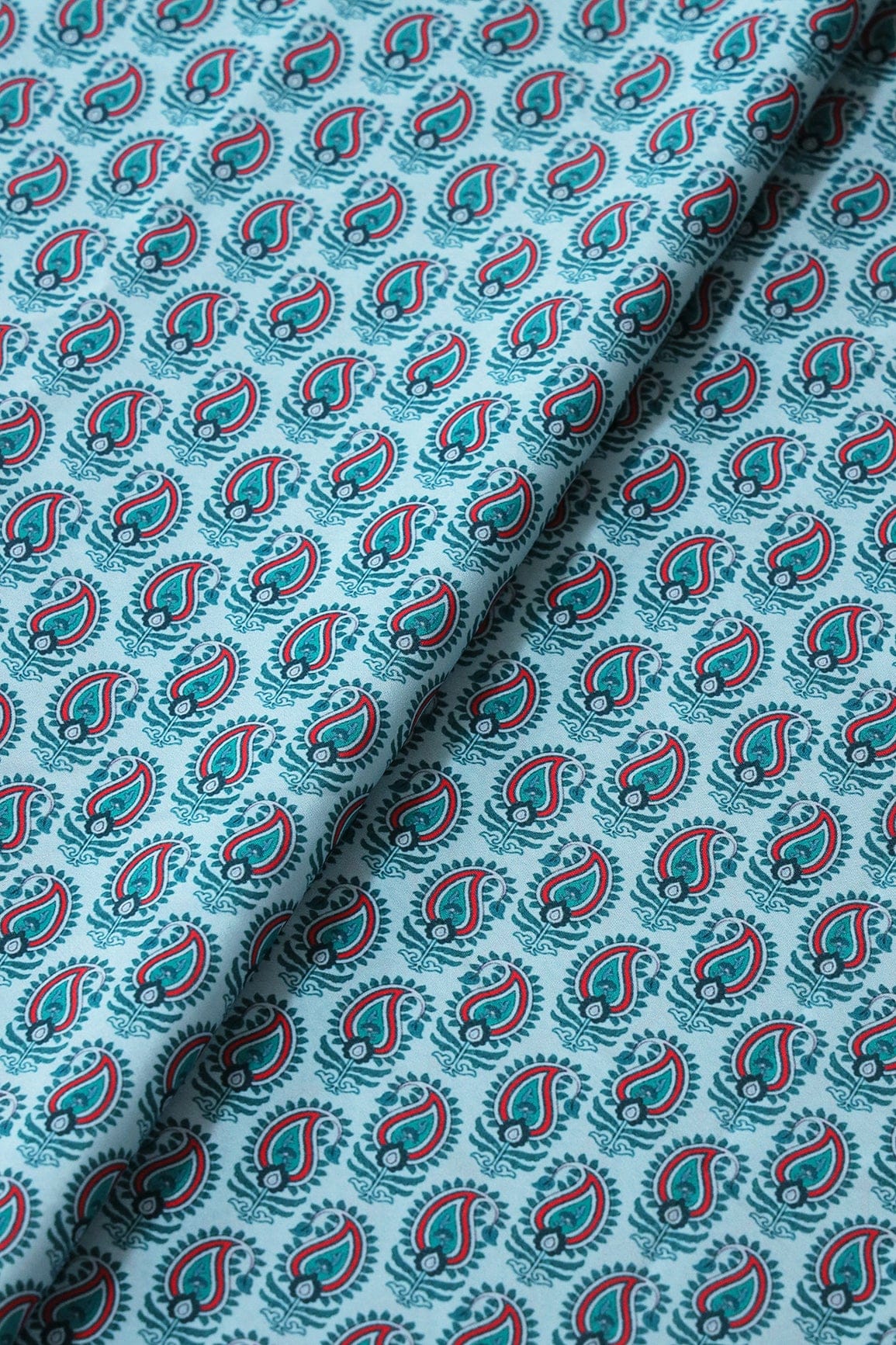 Red And Green Paisley Pattern Digital Print On Light Blue French Crepe Fabric - doeraa